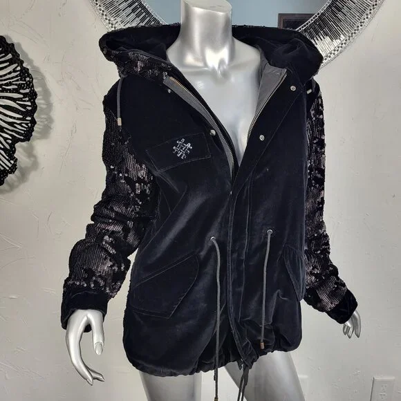 NWT~$2590~MR & MRS ITALY~S/M~BLACK VELVET SEQUIN HOODED PARKA COAT NO FUR
